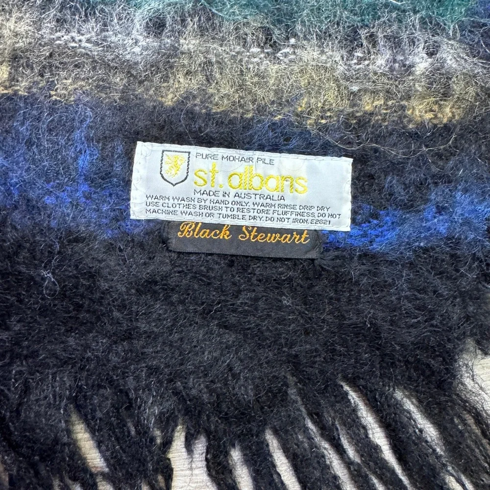 St. Albans Black Stewart Mohair Throw Blanket Plaid Fringed Made in Australia